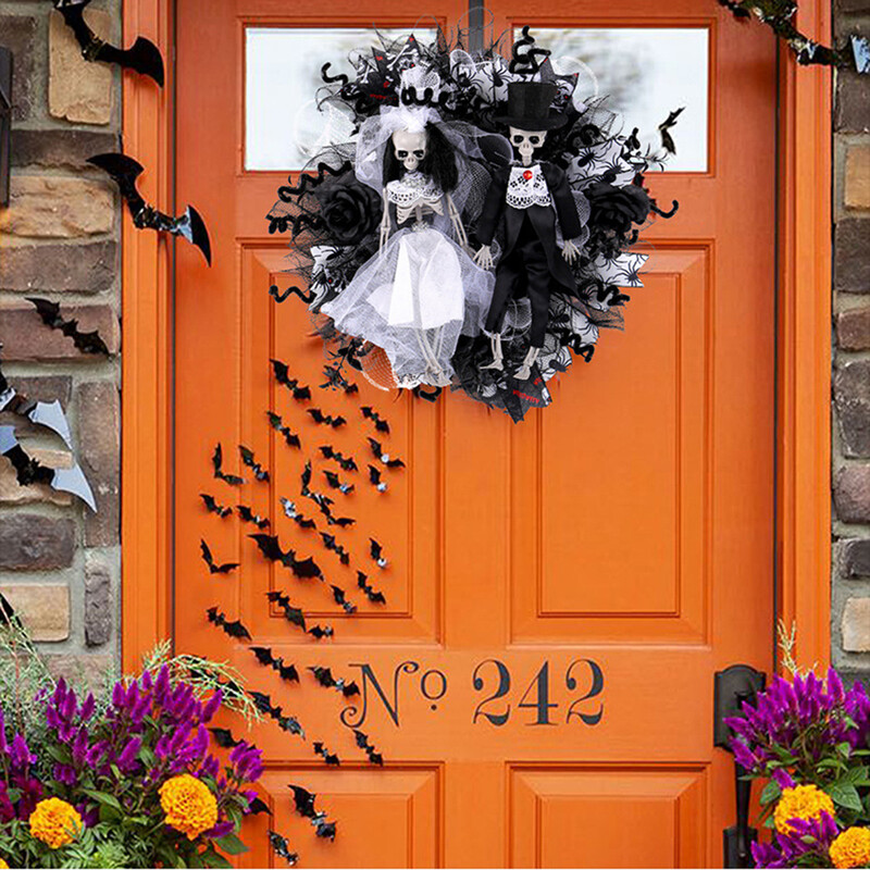 2024 Halloween koponya koszorú, gótikus csontváz menyasszony és vőlegény hálós füzér Halloween lakberendezési bejárati fali szoba
