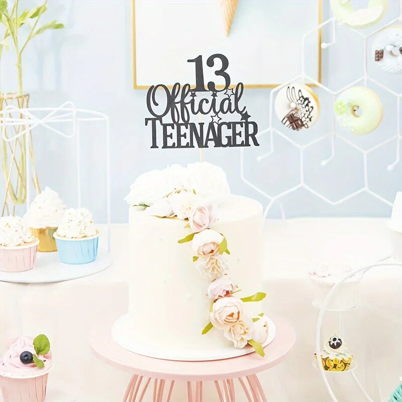 1 db csillogó tizenéves születésnapi torta teteje – Üdvözlet a 13 éveseknek – csillogó fekete csillogó, felejthetetlen desszertasztal-dísz