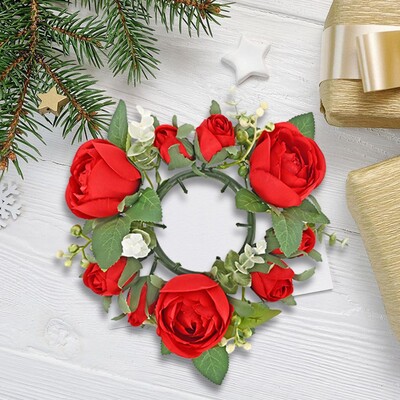 Κερί δαχτυλίδι Τεχνητό στεφάνι Floral Arrangement Πρασινάδα τριαντάφυλλο στεφάνι Κερί δαχτυλίδι για σαλόνι Πόρτα σπιτιού Πασχαλινό τραπέζι
