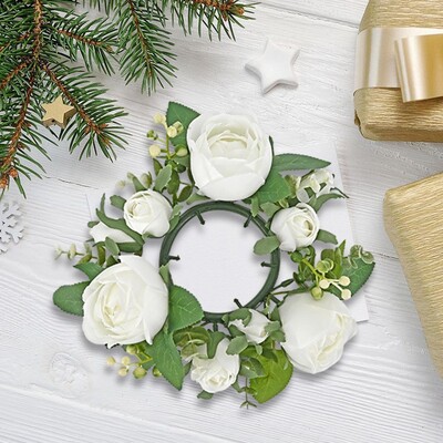 Κερί δαχτυλίδι Τεχνητό στεφάνι Floral Arrangement Πρασινάδα τριαντάφυλλο στεφάνι Κερί δαχτυλίδι για σαλόνι Πόρτα σπιτιού Πασχαλινό τραπέζι