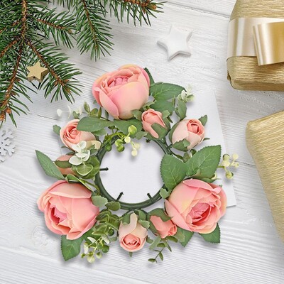 Κερί δαχτυλίδι Τεχνητό στεφάνι Floral Arrangement Πρασινάδα τριαντάφυλλο στεφάνι Κερί δαχτυλίδι για σαλόνι Πόρτα σπιτιού Πασχαλινό τραπέζι