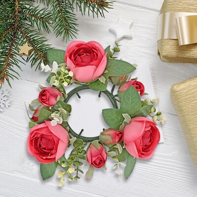 Κερί δαχτυλίδι Τεχνητό στεφάνι Floral Arrangement Πρασινάδα τριαντάφυλλο στεφάνι Κερί δαχτυλίδι για σαλόνι Πόρτα σπιτιού Πασχαλινό τραπέζι