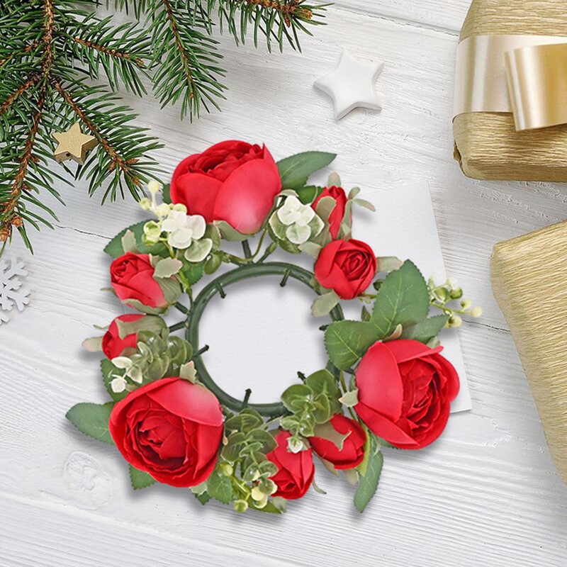 Inel pentru lumânări Coroană artificială Aranjament floral Verdeață Coroană cu trandafiri Inel pentru lumânări pentru sufragerie Ușă de acasă Masă de Paște