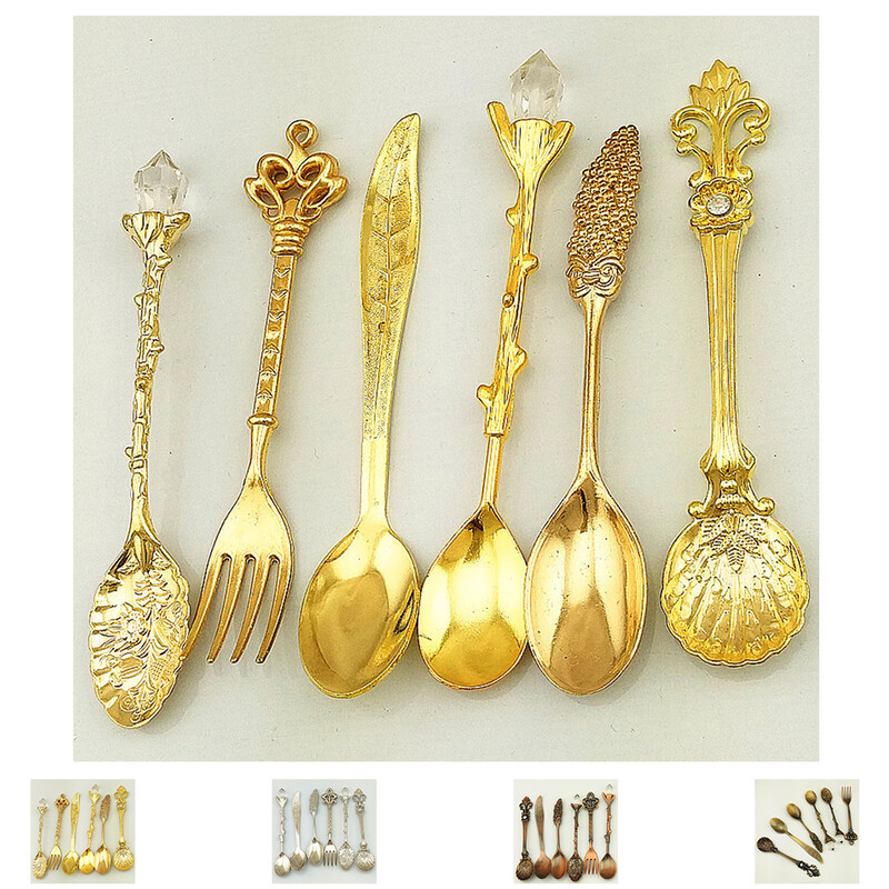 2020 6 buc. Bronz sculptat linguri mici pentru ceai cafea, furculiță pentru amestecare