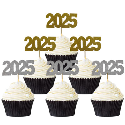 2025 Happy New Year Cupcake Topper Χρυσό Ασημί Διακόσμηση διακοπών Πρωτοχρονιάς για το πάρτι γιορτής για την μπομπονιέρα της παραμονής της Πρωτοχρονιάς