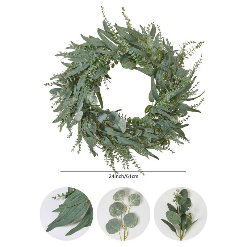 Coroană artificială de eucalipt de 60 cm pentru decorarea ușii din față a casei Coroană falsă agățată Ghirlandă pentru petrecere de nuntă Decor pentru agățat pe perete