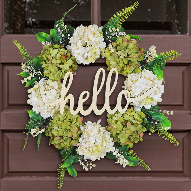 Coroană de hortensie lucrată manual, verde, alb, artificială, primăvară, vară, fermă, coroană de flori florale pentru ușa din față