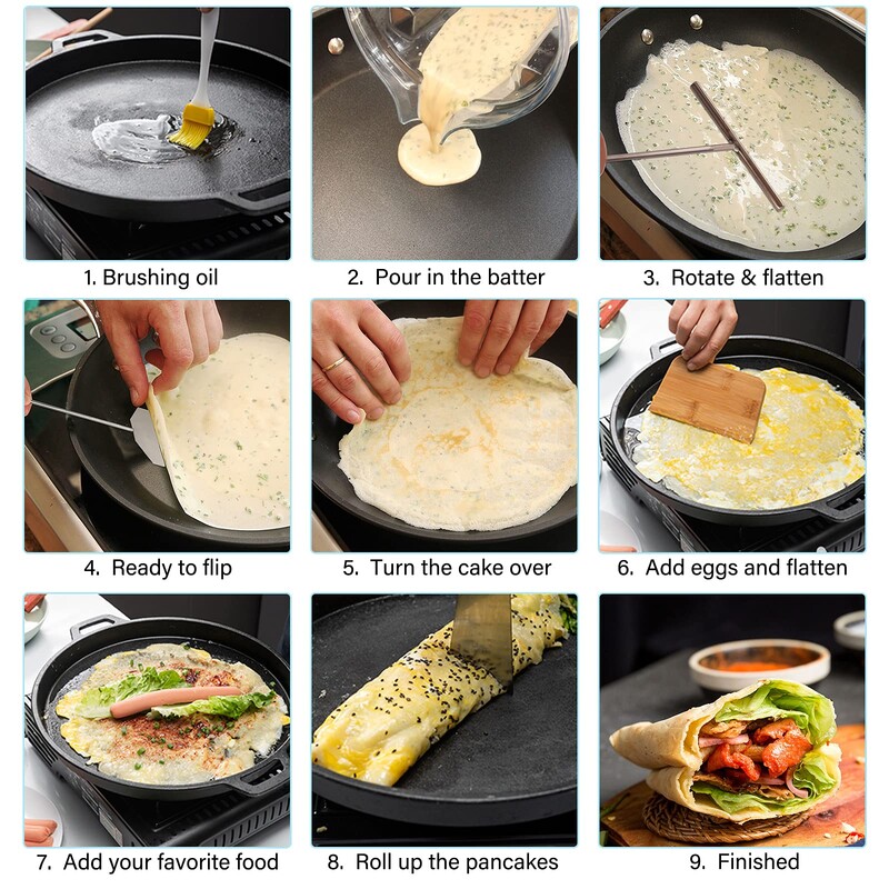 Nerūdijančio plieno prancūziško blyno tepimo blynelių, panašių į tešlą, tepimo įrankiai.