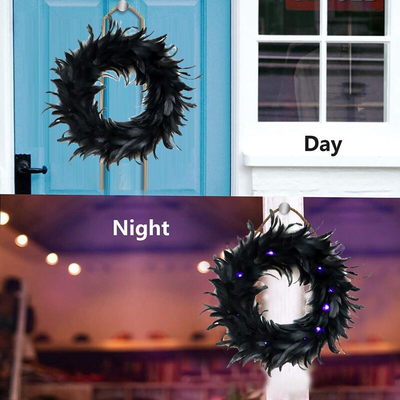 Coroană cu pene de 15 inch, coroană de decorare a ușii din față cu pene negre, pene de cocktail, Ghirlande artificiale de Halloween pentru vacanță