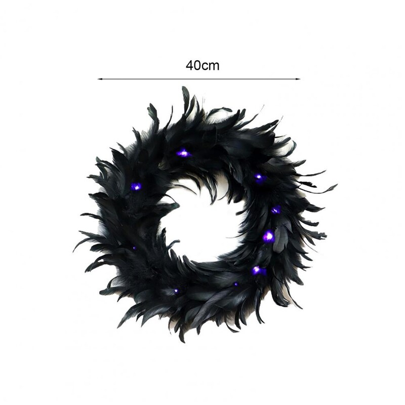 Coroană cu pene de 15 inch, coroană de decorare a ușii din față cu pene negre, pene de cocktail, Ghirlande artificiale de Halloween pentru vacanță