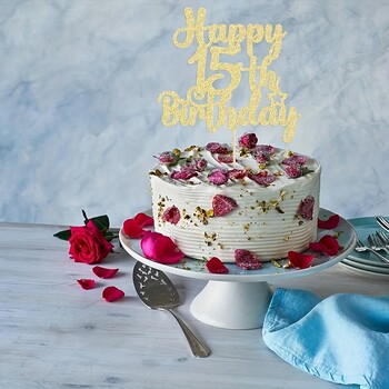 1 τμχ Glittering Golden Birthday Cake Topper - Εκθαμβωτική διακόσμηση για 15 γενέθλια