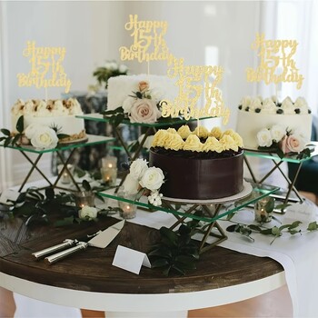 1 τμχ Glittering Golden Birthday Cake Topper - Εκθαμβωτική διακόσμηση για 15 γενέθλια