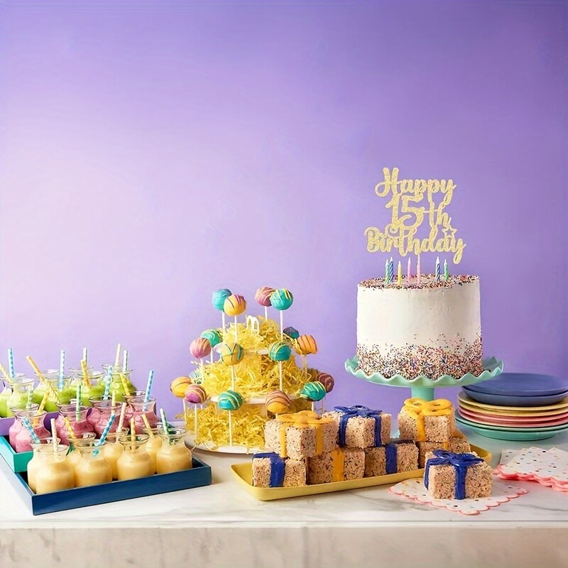 1 bucă Topper pentru tort de aniversare auriu strălucitor - Decor orbitor pentru 15 ani