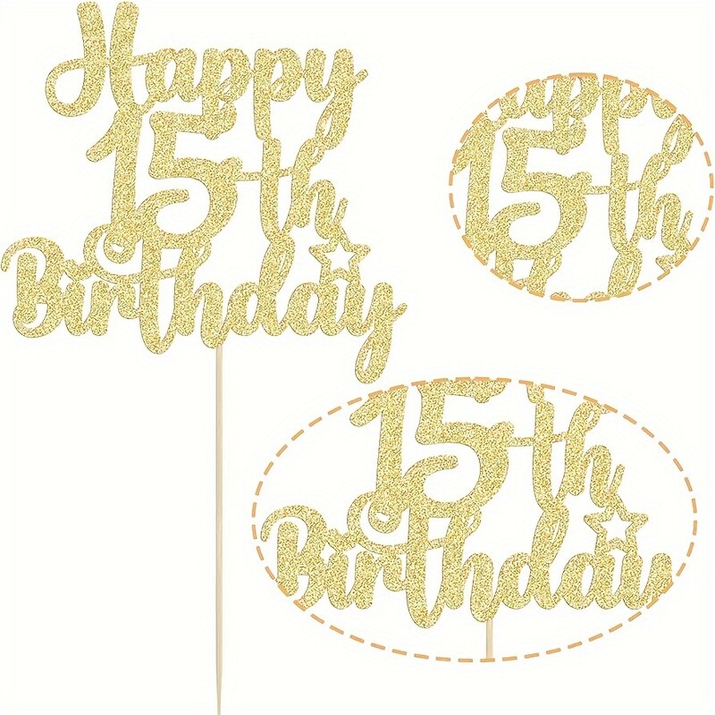 1 bucă Topper pentru tort de aniversare auriu strălucitor - Decor orbitor pentru 15 ani