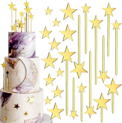 Χρυσό 24τμχ Τοπέρ για τούρτες Pentagram Star Διακοσμήσεις γενεθλίων Καθρέφτης Χρυσό ακρυλικό κάλυμμα για τούρτες Κιτ προμηθειών διακόσμησης τούρτας
