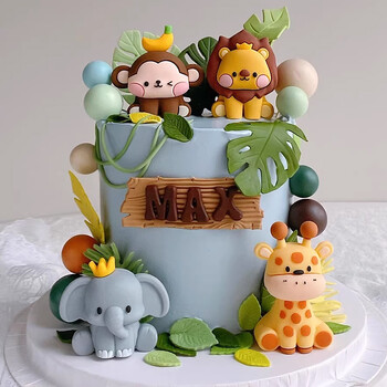 Safari Animal Cake Toppers Cute Lion Giraffe Monkey Topper Happy Birthday Cupcake Topper for Kids Jungle Birthday Party Cake Flag Decor