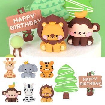 Safari Animal Cake Toppers Cute Lion Giraffe Monkey Topper Happy Birthday Cupcake Topper for Kids Jungle Birthday Party Cake Flag Decor