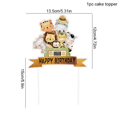 Safari Animal Cake Toppers Cute Lion Giraffe Monkey Topper Happy Birthday Cupcake Topper for Kids Jungle Birthday Party Cake Flag Decor