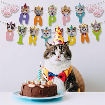 Cat Paw Happy Birthday Banner Garland Hanging for Pet Theme First Birthday Party Baby Shower Νηπιαγωγείο