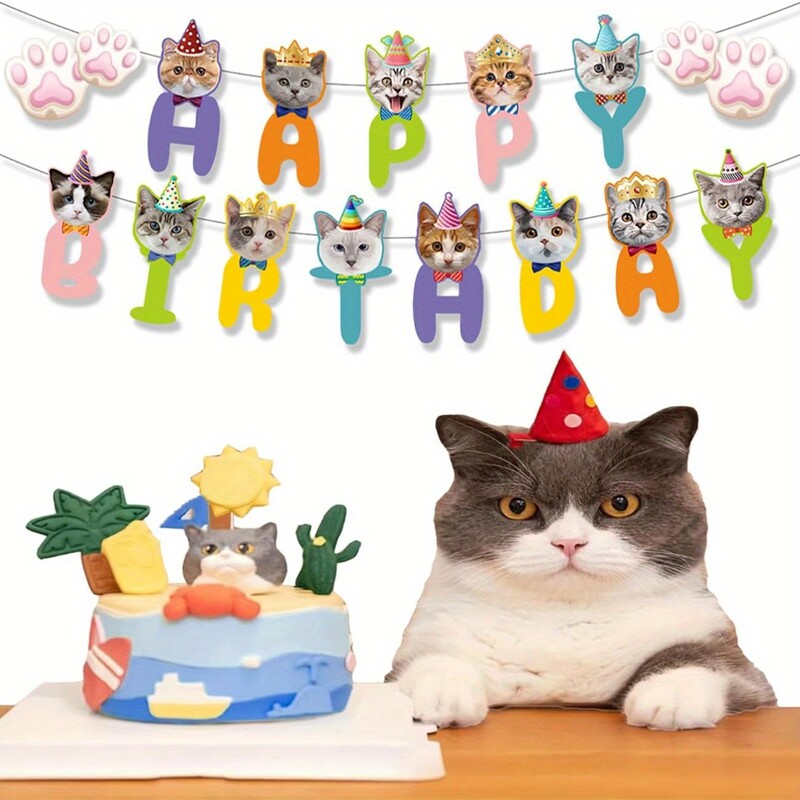 Ghirlandă de banner la mulți ani de labe de pisică, agățată pentru tema pentru animale de companie, prima petrecere de aniversare, decorare pentru grădiniță