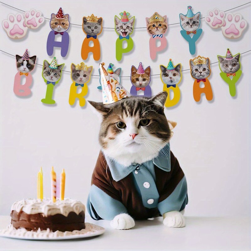Ghirlandă de banner la mulți ani de labe de pisică, agățată pentru tema pentru animale de companie, prima petrecere de aniversare, decorare pentru grădiniță