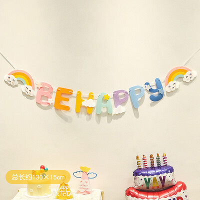Πανό για κορίτσια για 1ο γενέθλια Happy Party Rainbow Clouds "Happy Birthday" "Be Happy" Πανό ύφασμα γενεθλίων Κρεμαστό πανό Γιρλάντα