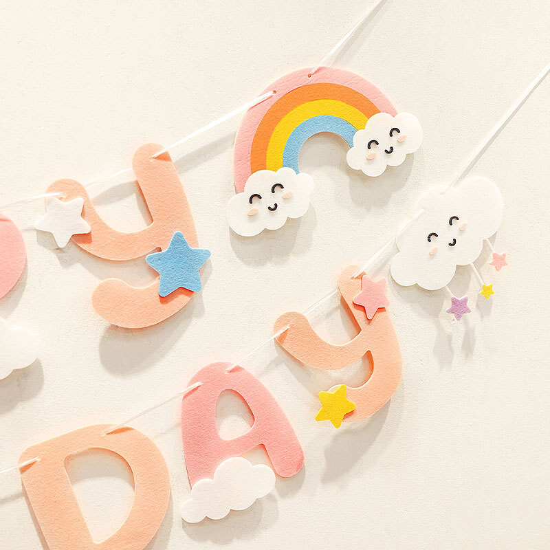 Lány 1. Születésnapja Boldog Party Banner Szivárvány Felhők "Boldog születésnapot" "Légy boldog" Banner Szövet Születésnap Lógó Banner Garland