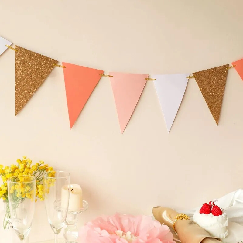 10 láb Vintage zászlós zászló Rózsaszín Rózsaszín bulidíszek Papír háromszög zászlók Sármány Boho Baby Shower lányszoba gyerekszobához