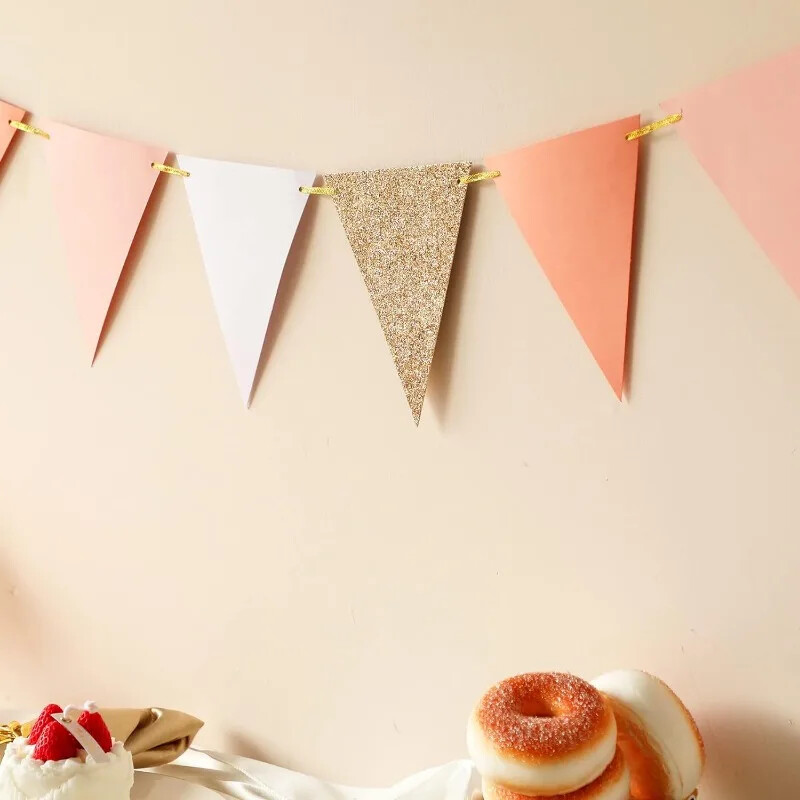 10 láb Vintage zászlós zászló Rózsaszín Rózsaszín bulidíszek Papír háromszög zászlók Sármány Boho Baby Shower lányszoba gyerekszobához