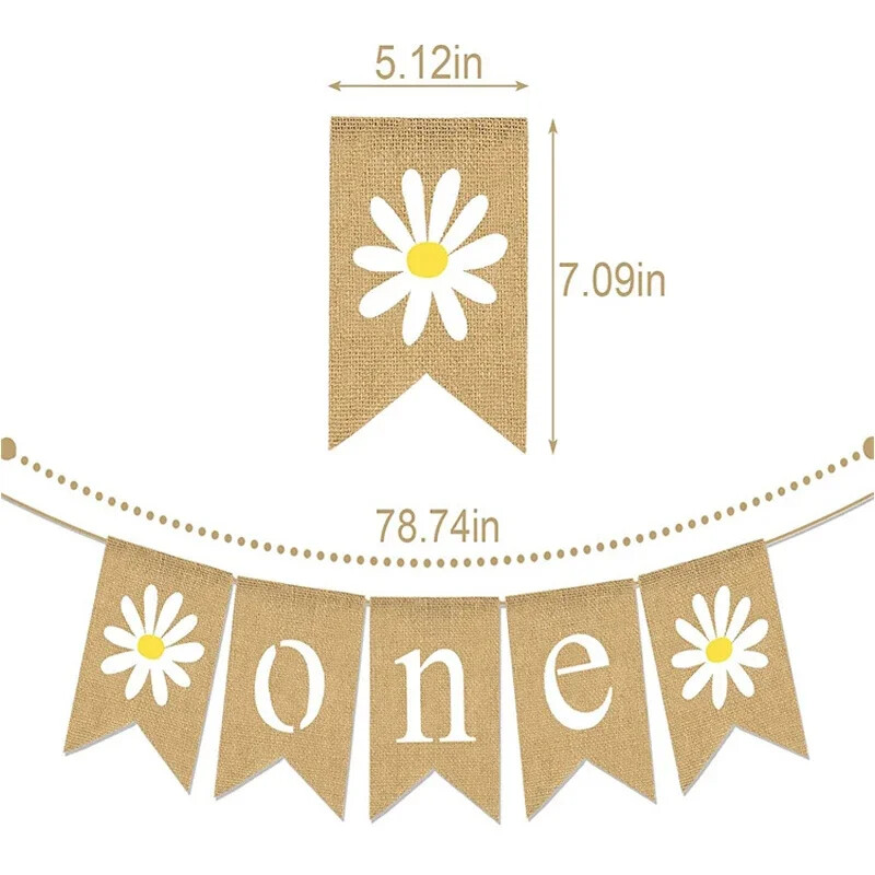 1 db százszorszép virág ONE koszorú Vintage juta zsákvászon zászló kisfiúknak, lányoknak, első születésnapi parti dekorációhoz fényképes kellékek