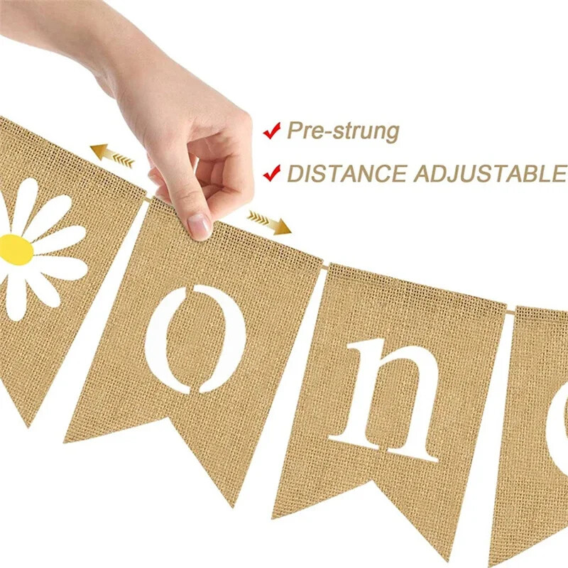 1 db százszorszép virág ONE koszorú Vintage juta zsákvászon zászló kisfiúknak, lányoknak, első születésnapi parti dekorációhoz fényképes kellékek