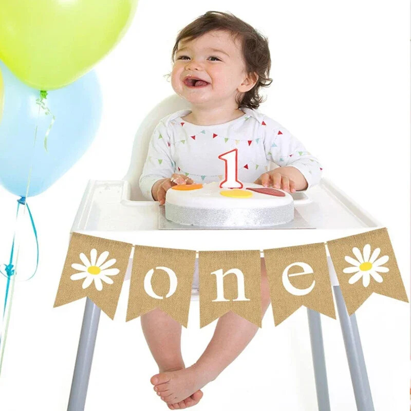 1 db százszorszép virág ONE koszorú Vintage juta zsákvászon zászló kisfiúknak, lányoknak, első születésnapi parti dekorációhoz fényképes kellékek