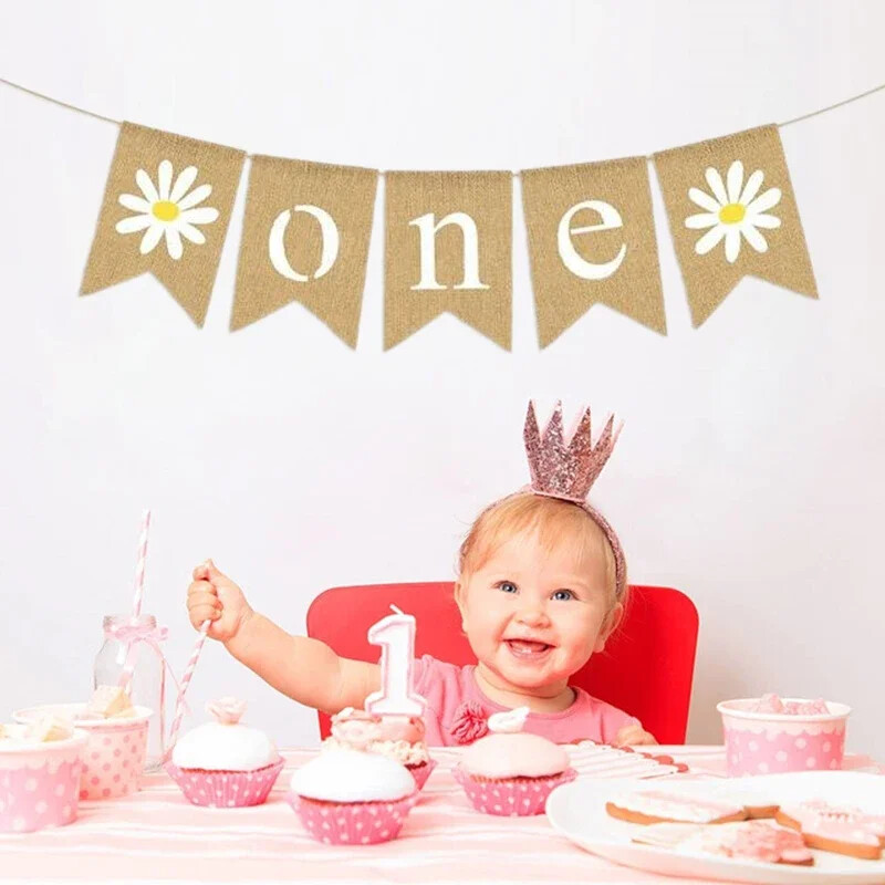 1 db százszorszép virág ONE koszorú Vintage juta zsákvászon zászló kisfiúknak, lányoknak, első születésnapi parti dekorációhoz fényképes kellékek