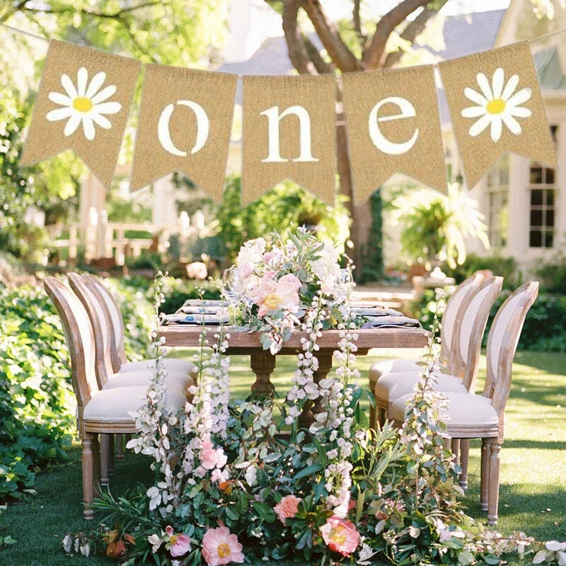 1 db százszorszép virág ONE koszorú Vintage juta zsákvászon zászló kisfiúknak, lányoknak, első születésnapi parti dekorációhoz fényképes kellékek