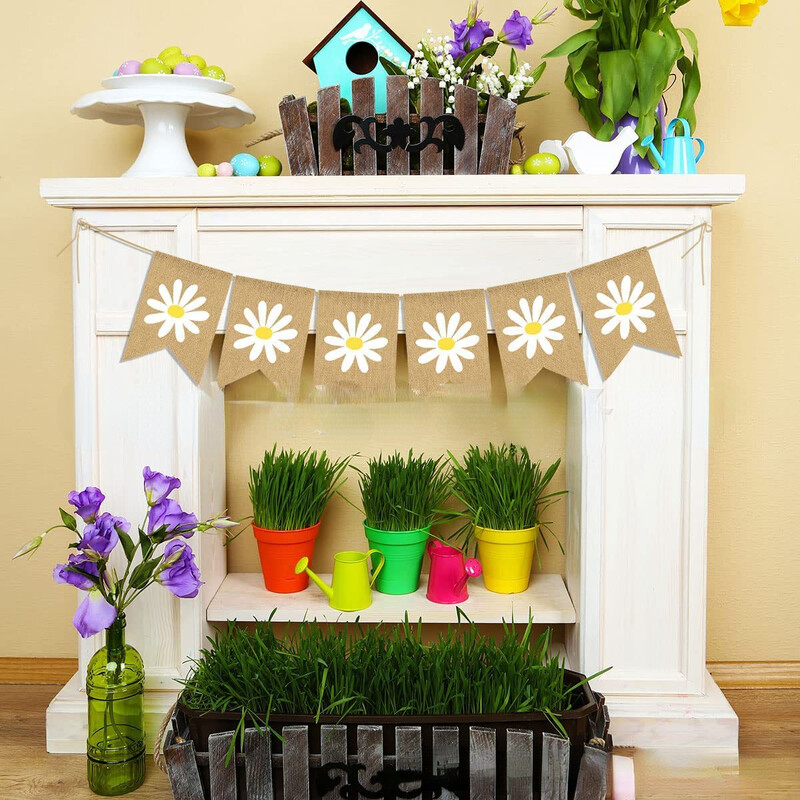 INS Little Daisy Boldog születésnapot Garland Gyerekparti Zsákvászon fehér Virág Banner Babazuhany Fényképek Dekoráció Háttér Zászló