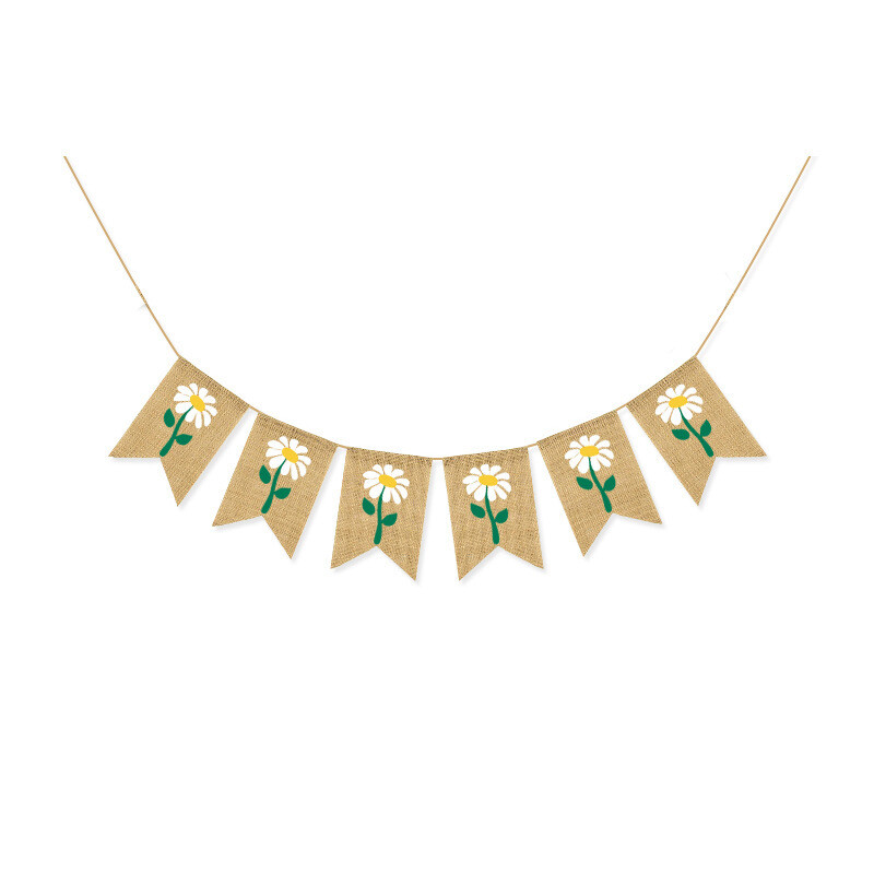 Zsákvászon százszorszép füzér gyerekeknek, Fehér Folwer függő hátterek, babazuhany kellékek, születésnapi parti kellékek