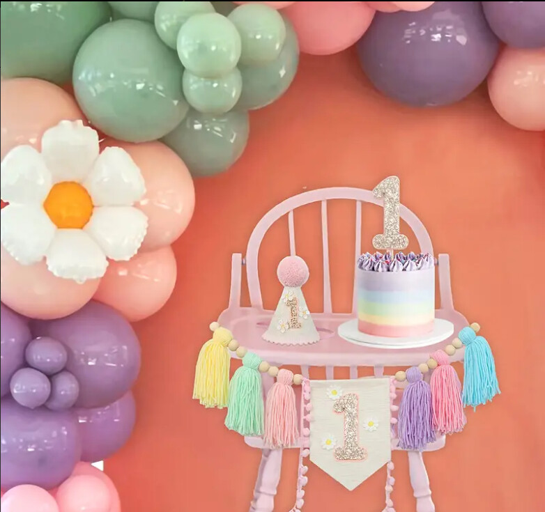 1db Gyerekek 1. Születésnapi partiján százszorszép fagyöngy transzparens, kézzel készített, gyönyörű bojtos etetőszék szalaghirdetés otthoni parti dekorációhoz