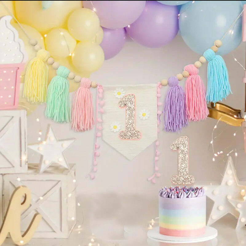 1db Gyerekek 1. Születésnapi partiján százszorszép fagyöngy transzparens, kézzel készített, gyönyörű bojtos etetőszék szalaghirdetés otthoni parti dekorációhoz