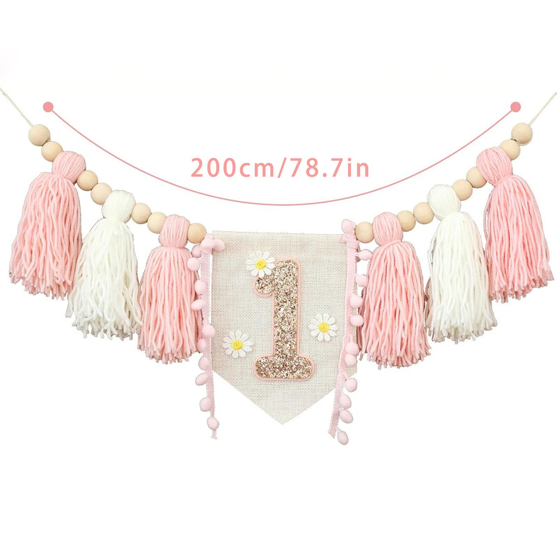 1db Gyerekek 1. Születésnapi partiján százszorszép fagyöngy transzparens, kézzel készített, gyönyörű bojtos etetőszék szalaghirdetés otthoni parti dekorációhoz