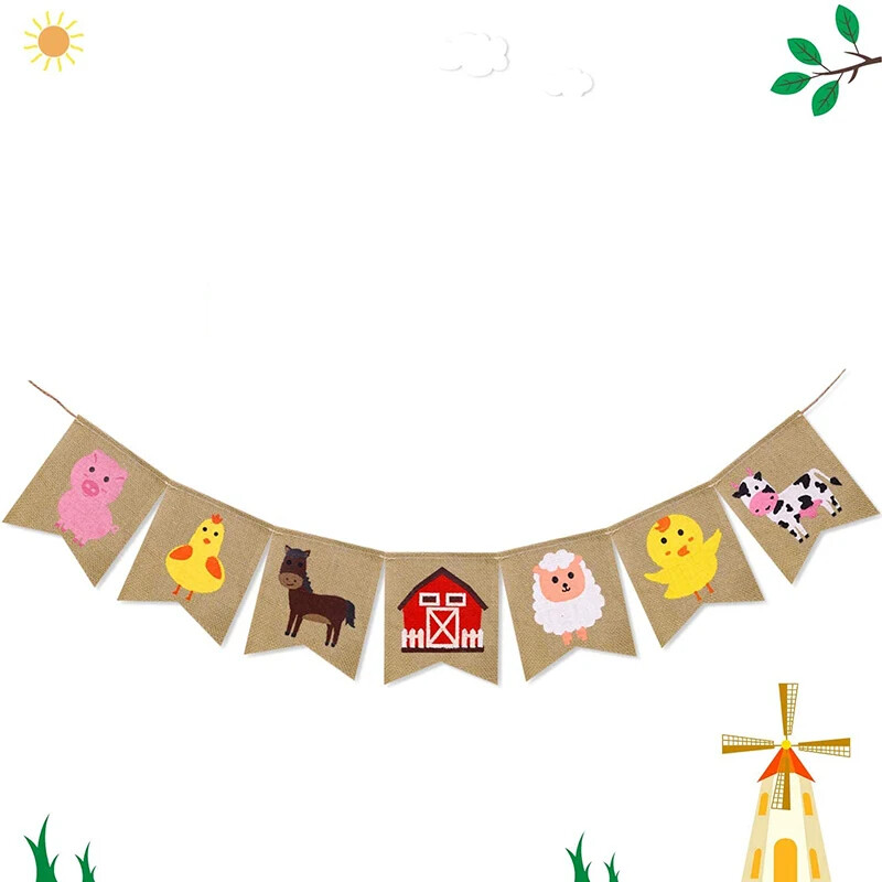 Tehén bárány csaj Rusztikus Farm Állat Istálló udvar Parasztház Születésnapi buli Babazuhany Etetőszék dekoráció Zsákvászon Banner Kellékek