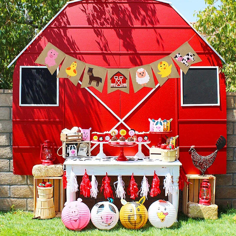 Tehén bárány csaj Rusztikus Farm Állat Istálló udvar Parasztház Születésnapi buli Babazuhany Etetőszék dekoráció Zsákvászon Banner Kellékek