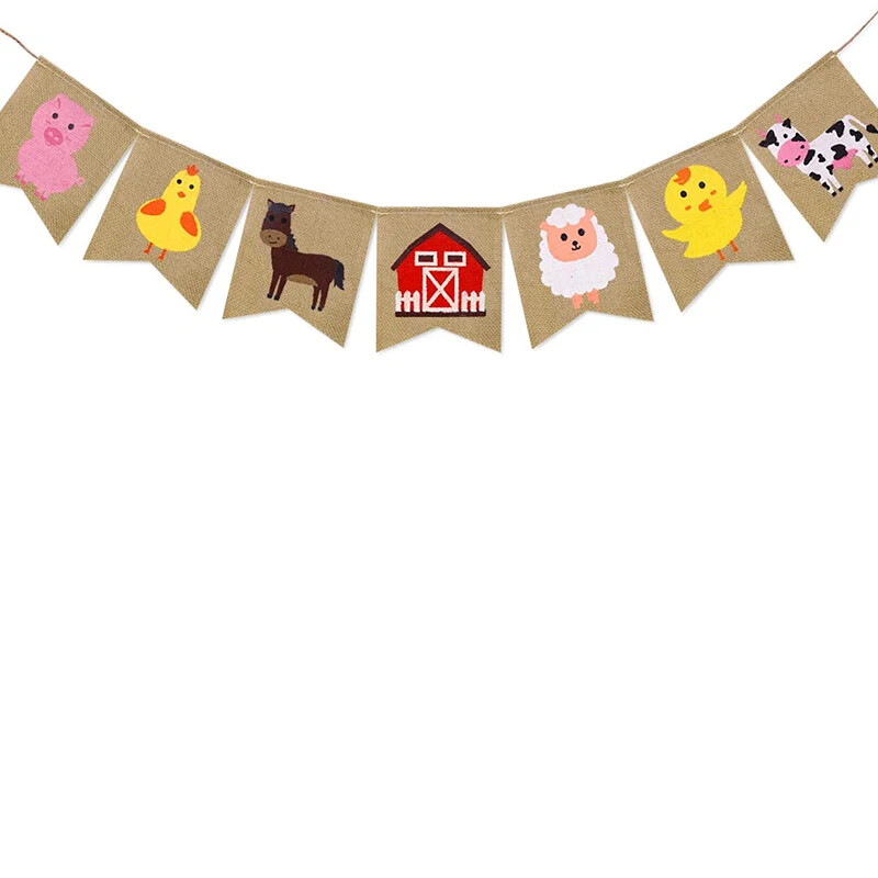 Tehén bárány csaj Rusztikus Farm Állat Istálló udvar Parasztház Születésnapi buli Babazuhany Etetőszék dekoráció Zsákvászon Banner Kellékek