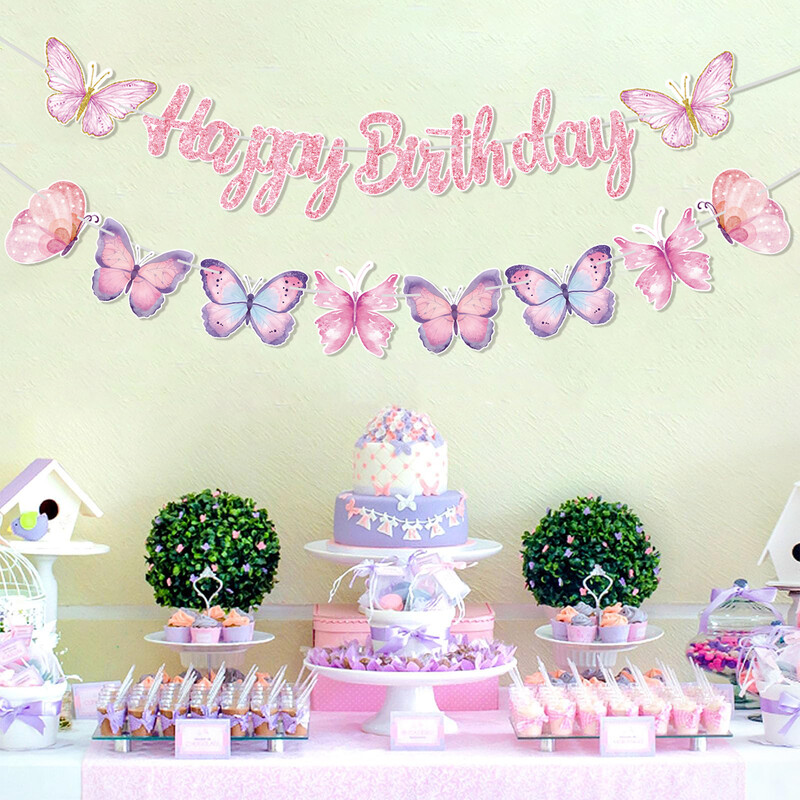 Rózsaszín boldog születésnapot zászló táncoló pillangóval, függő medállal, füzérekkel lányok hercegnő 1. boldog születésnapi parti díszei