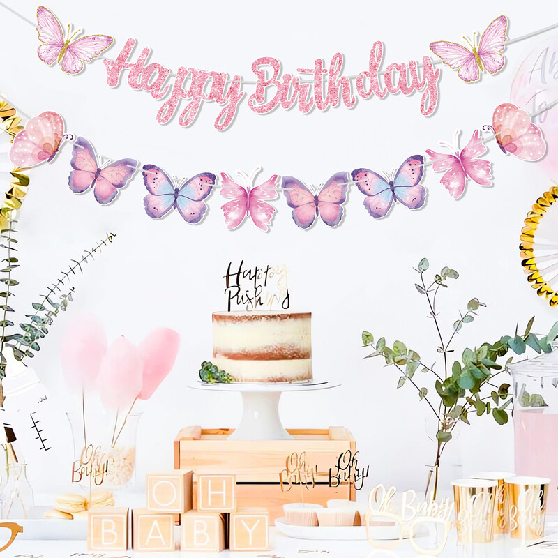 Rózsaszín boldog születésnapot zászló táncoló pillangóval, függő medállal, füzérekkel lányok hercegnő 1. boldog születésnapi parti díszei