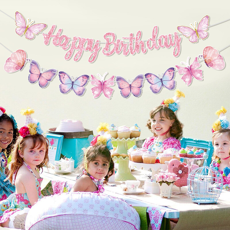Rózsaszín boldog születésnapot zászló táncoló pillangóval, függő medállal, füzérekkel lányok hercegnő 1. boldog születésnapi parti díszei