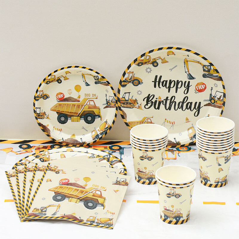 Építőipari témájú eldobható étkészlet születésnapi dekoráció babazuhany kotrógép teherautó traktor fiúknak születésnapi parti kellékek
