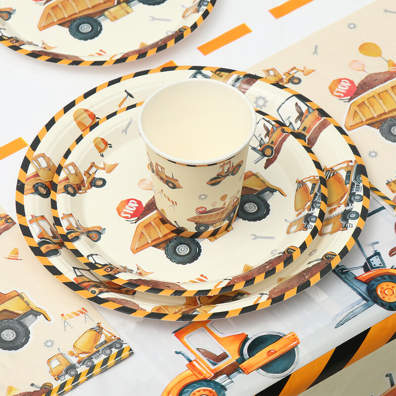 Építőipari témájú eldobható étkészlet születésnapi dekoráció babazuhany kotrógép teherautó traktor fiúknak születésnapi parti kellékek