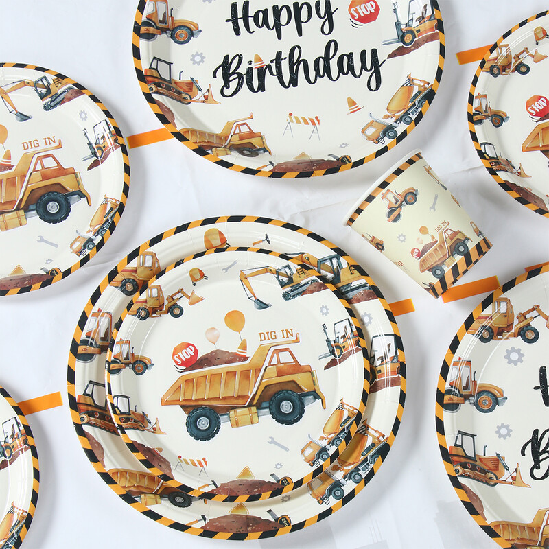 Építőipari témájú eldobható étkészlet születésnapi dekoráció babazuhany kotrógép teherautó traktor fiúknak születésnapi parti kellékek