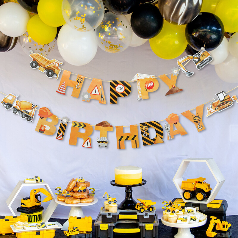 Építőipari témájú eldobható étkészlet születésnapi dekoráció babazuhany kotrógép teherautó traktor fiúknak születésnapi parti kellékek