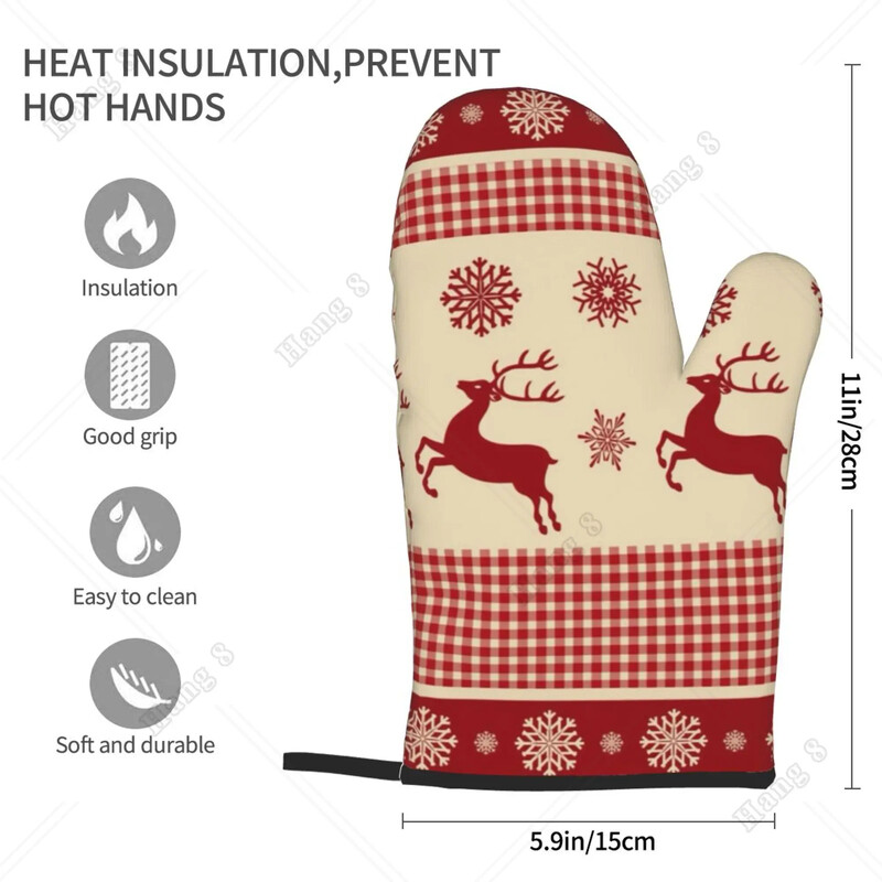 Karácsonyi rénszarvas hópelyhek tartán sütőkesztyű 2db férfi női főzés grillezéshez hőálló nyomtatási ajándék egy méretű konyhai kesztyű